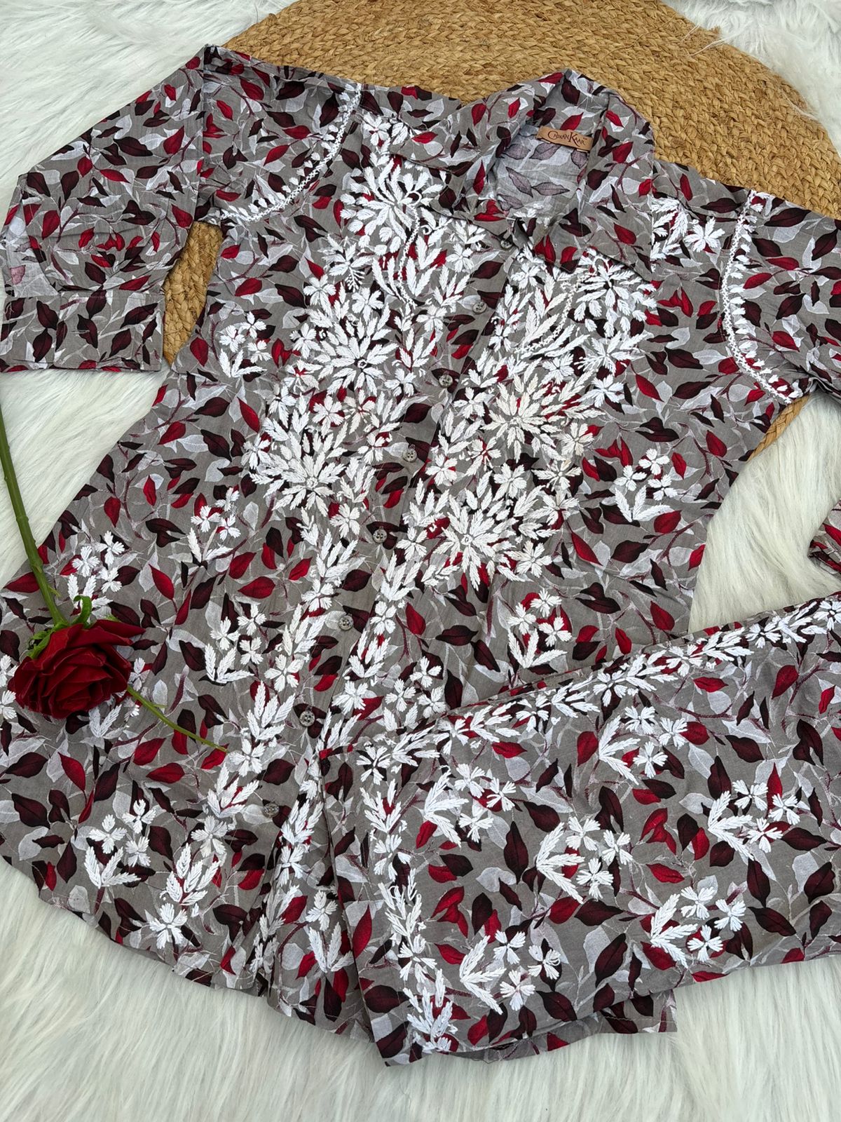 Mulmul Cotton Lucknowi Chikankari Coord Set - Cream Colour