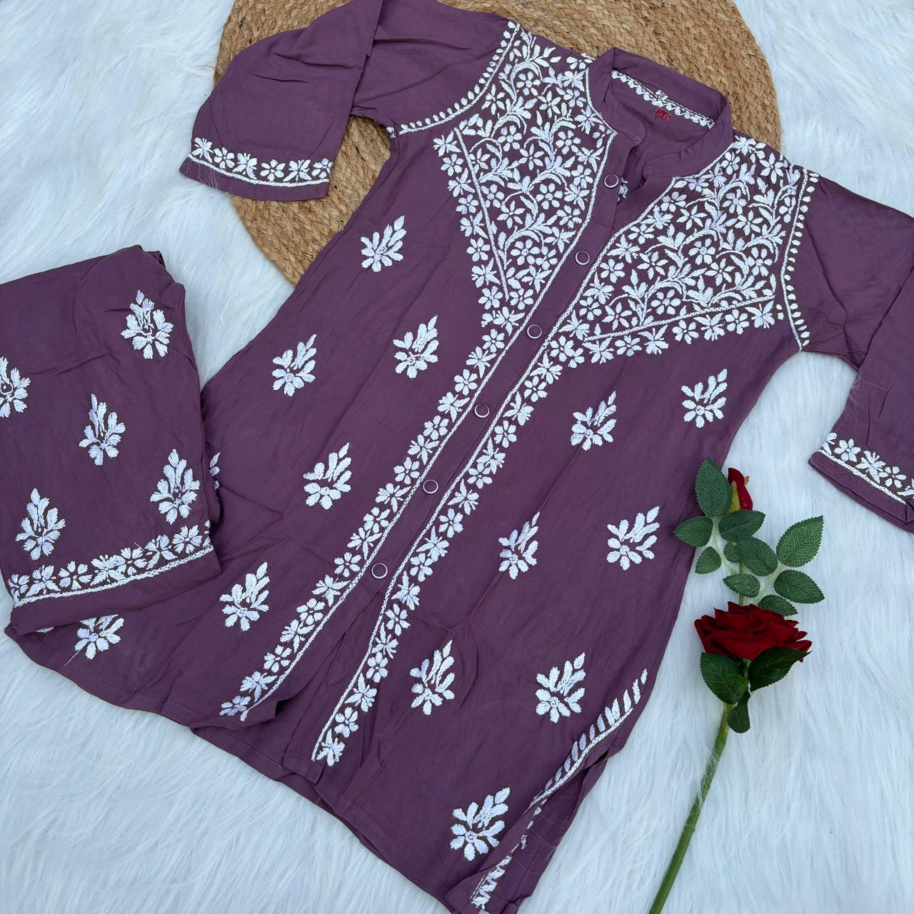 Rihana Rayon Chikankari Short Kurti Plazo Coord Set - Mauve colour