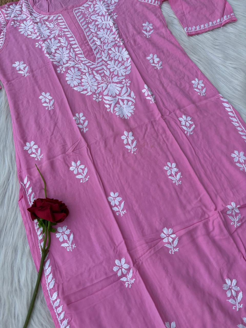 Hiba Soft Rayon Handwork Chikankari Kurti - Pink Colour