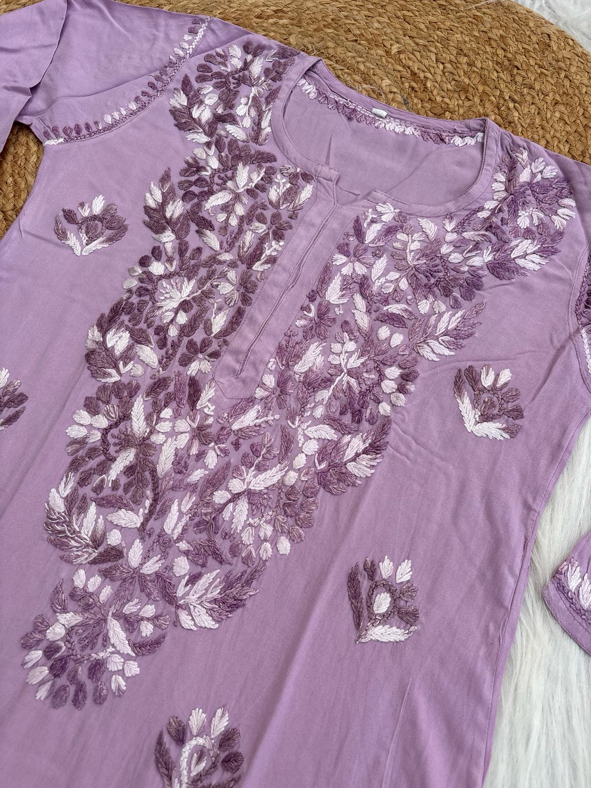 Roohi Rayon Tone To Tone Lucknowi Handwork Chikankari Kurti - Lavender Color