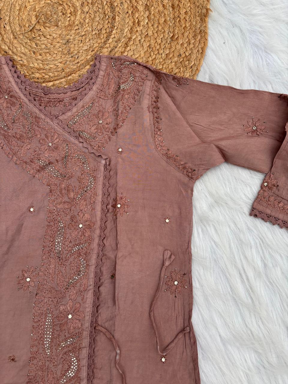 Naaz Chanderi Angrakha style Chikankari Kurti with Mukaish work - Brown Colour