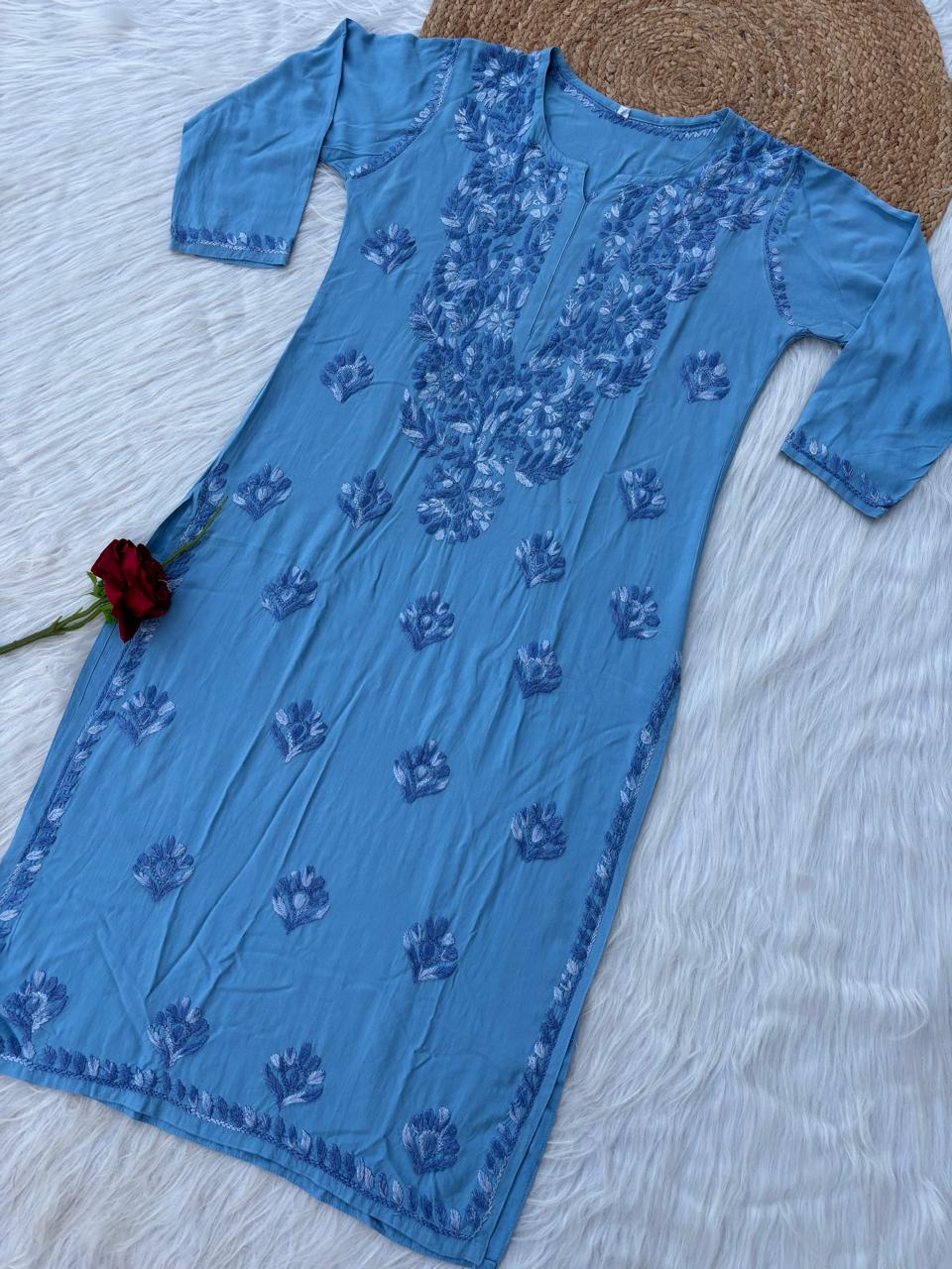 Roohi Rayon Tone To Tone Lucknowi Handwork Chikankari Kurti - Blue Color