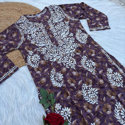Sana Pure Mulmul Chikankari  Handwork Kurti - Purple Colour