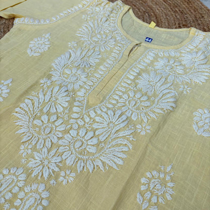 Isha Slub Cotton Chikankari Kurti - Yellow colour