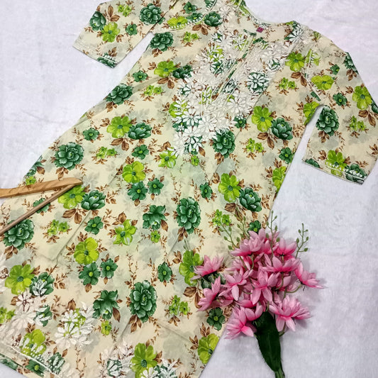 PURE MULMUL COTTON CHIKANKARI KURTI WITH FLORAL PRINT - GREEN COLOUR