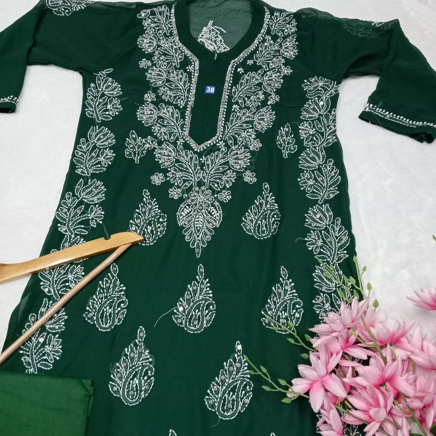 Stone Work Georgette Chikankari Kurti -Dark Green Colour