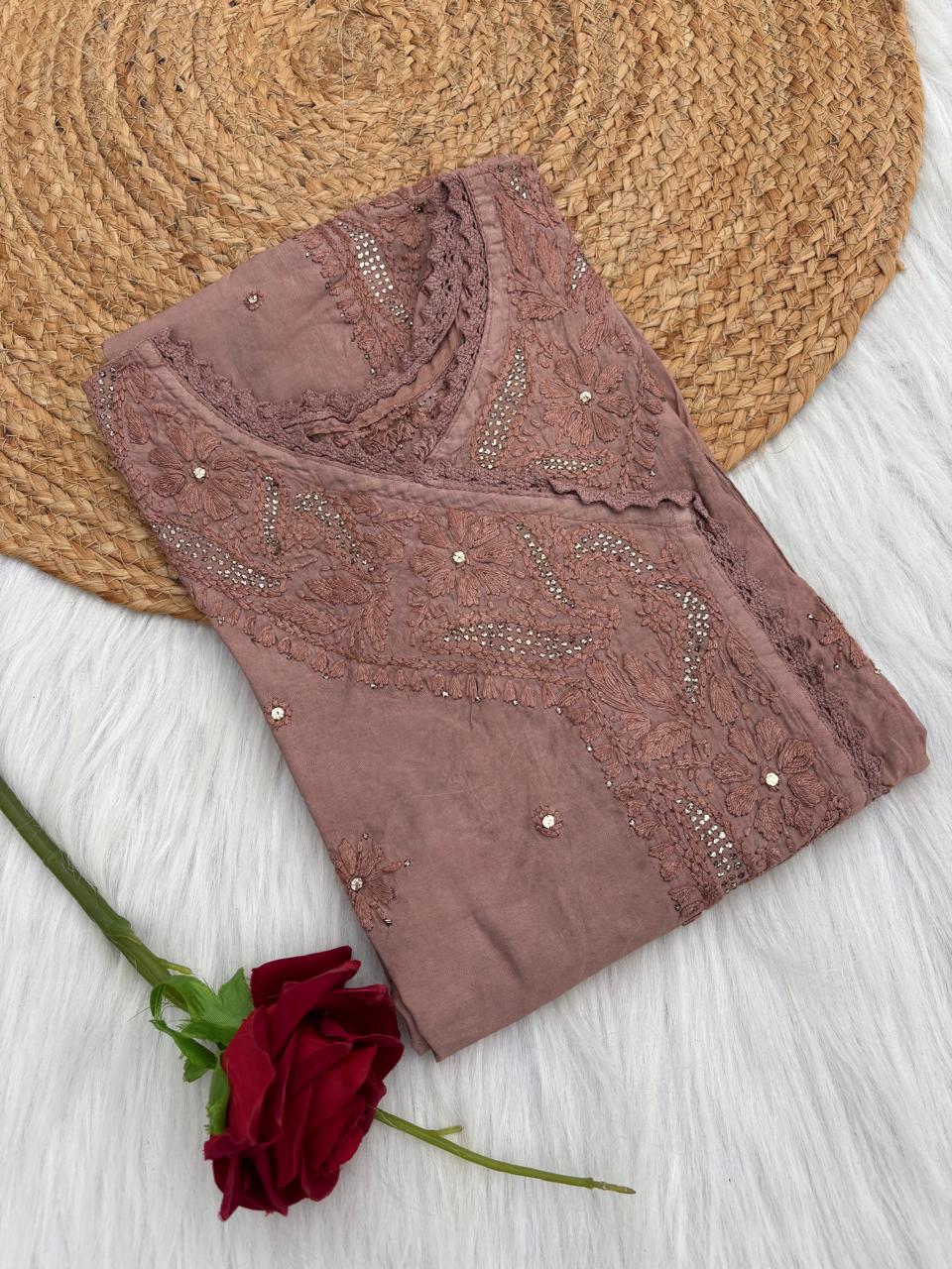 Naaz Chanderi Angrakha style Chikankari Kurti with Mukaish work - Brown Colour