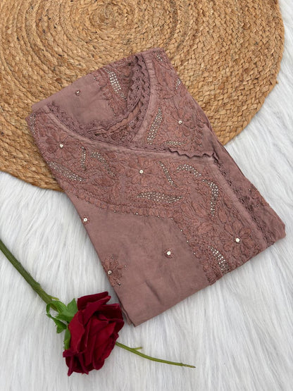 Naaz Chanderi Angrakha style Chikankari Kurti with Mukaish work - Brown Colour