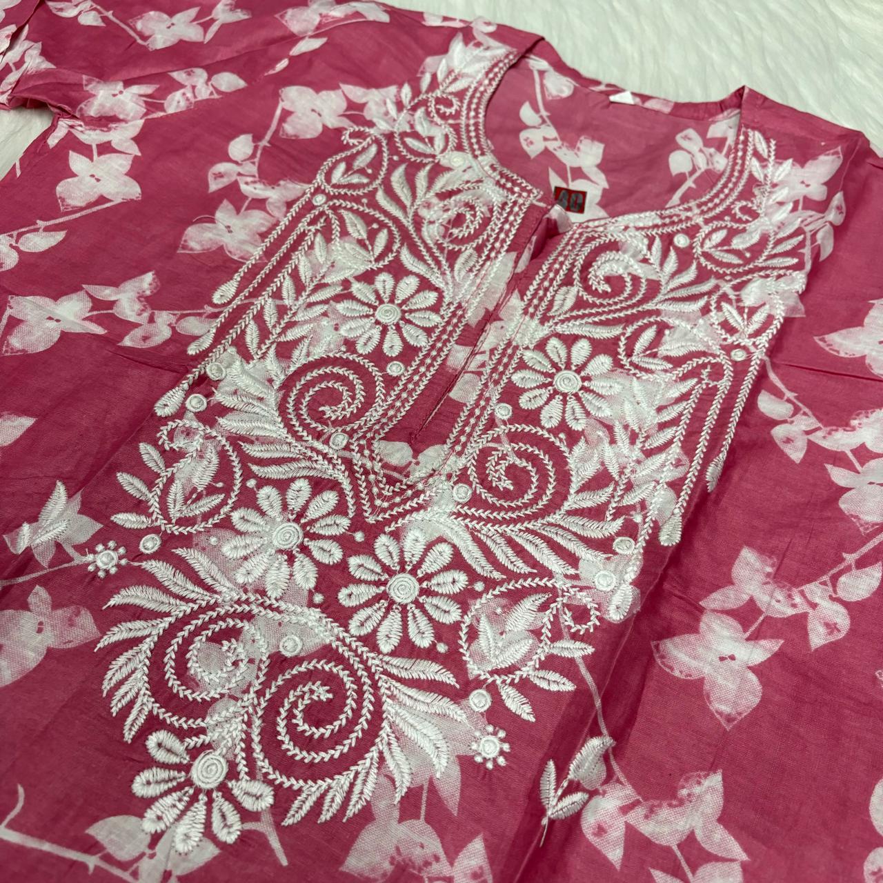 Mulmul Cotton Chikankari Machine Work Kurti - Pink Colour