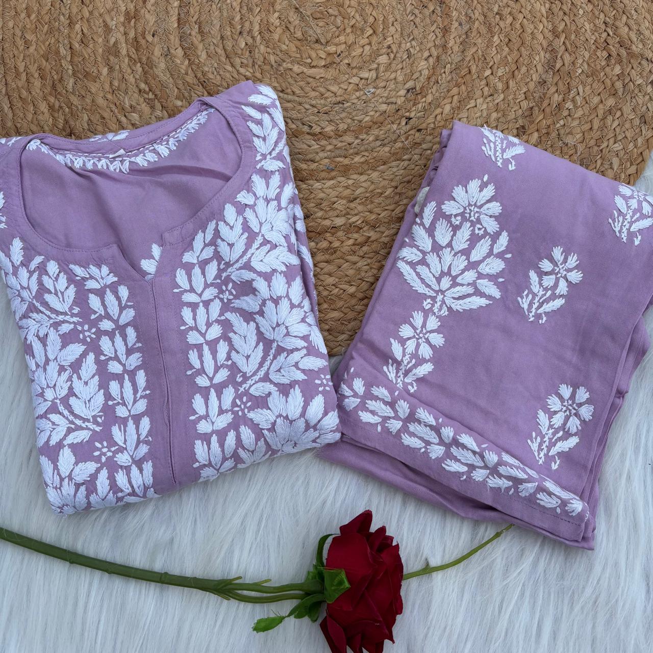 Samara Rayon Handwork Chikankari Kurti Plazo Set - Mauve Colour