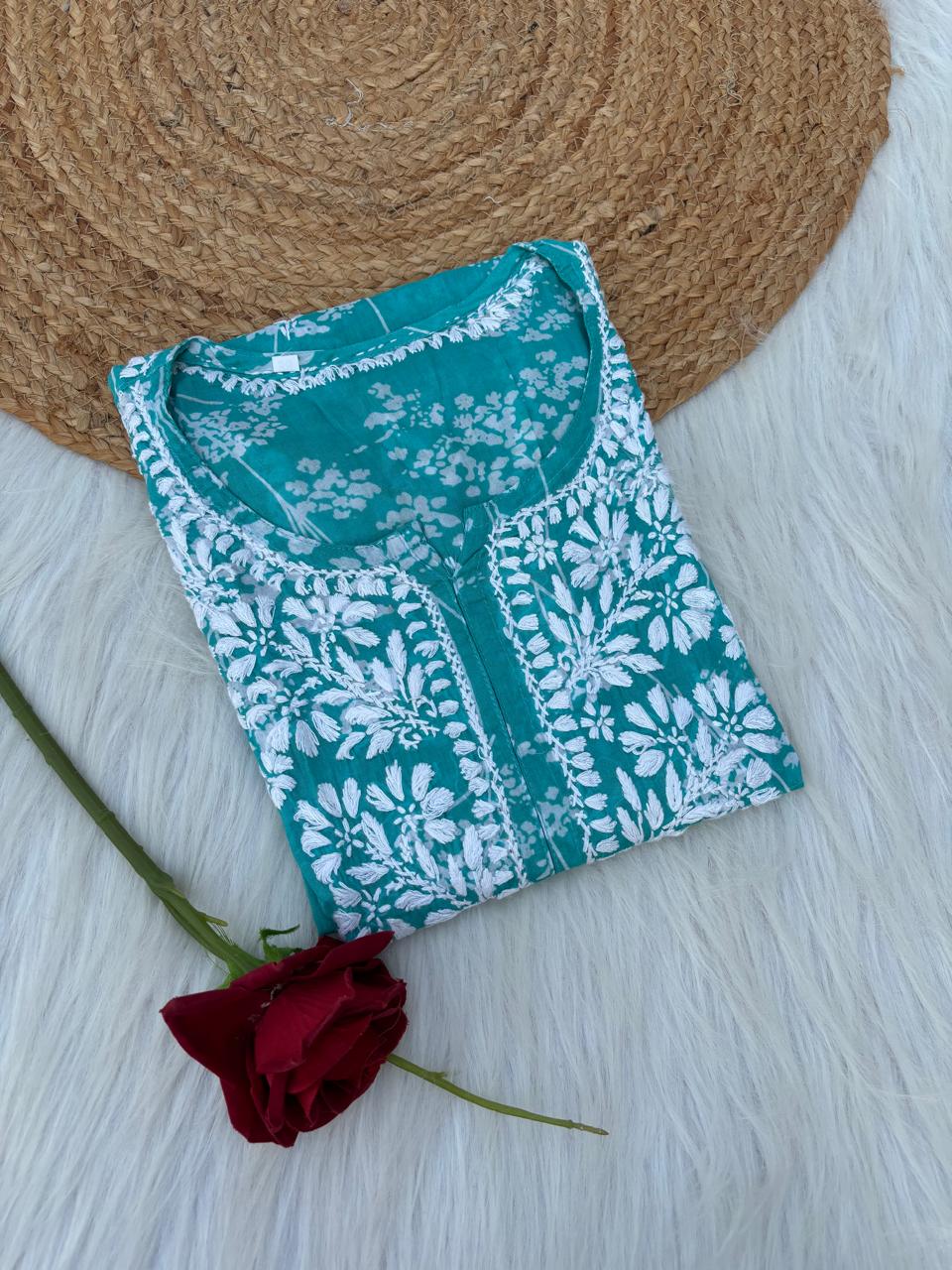 Sidra Pure Mulmul Chikankari Handwork Kurti - Sea Green Colour