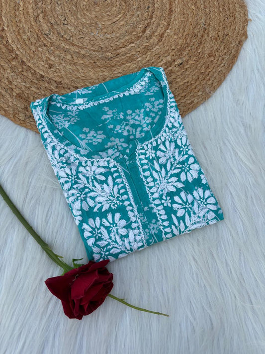 Sidra Pure Mulmul Chikankari Handwork Kurti - Sea Green Colour