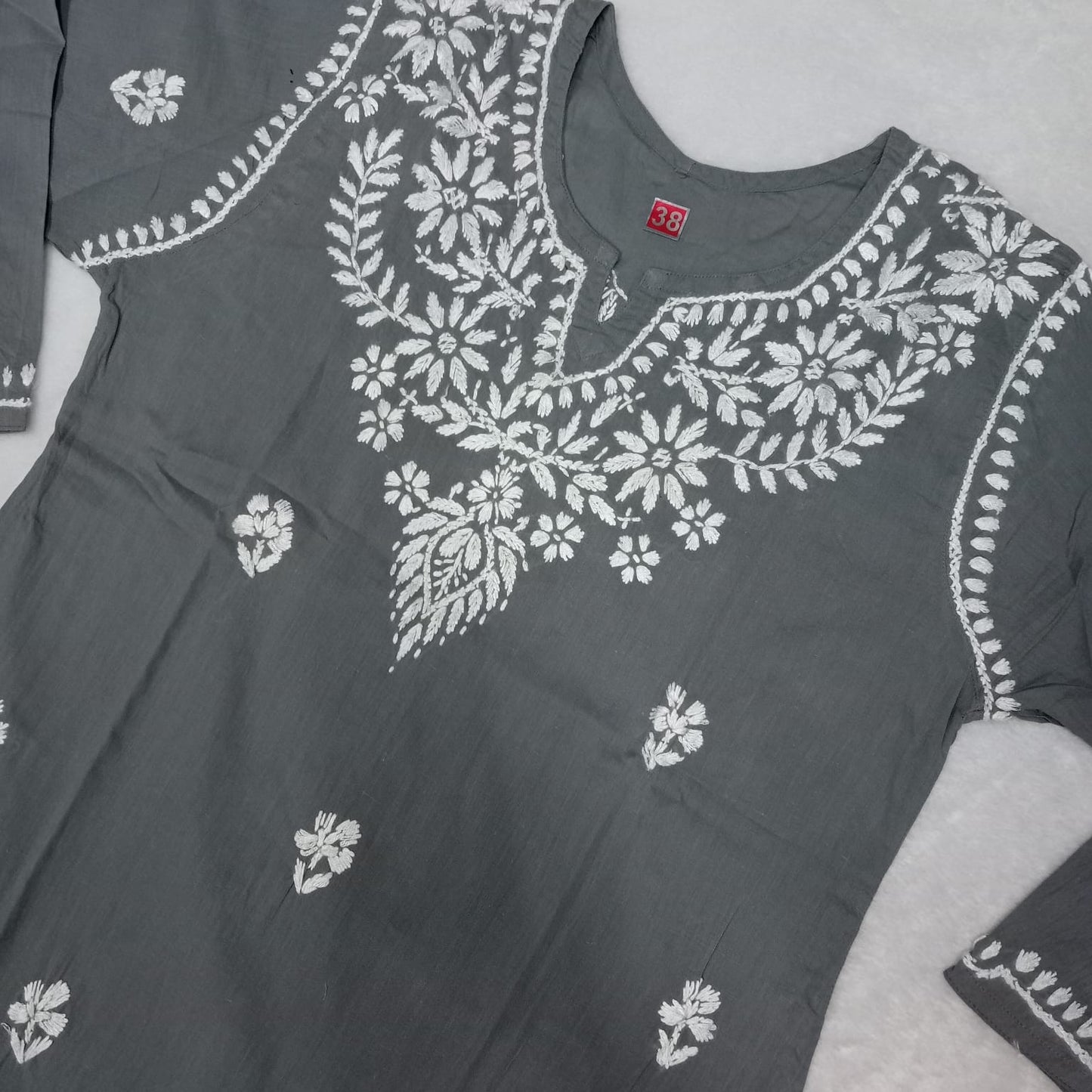 Cotton Chikankari Handwork Short Kurti -Grey Colour