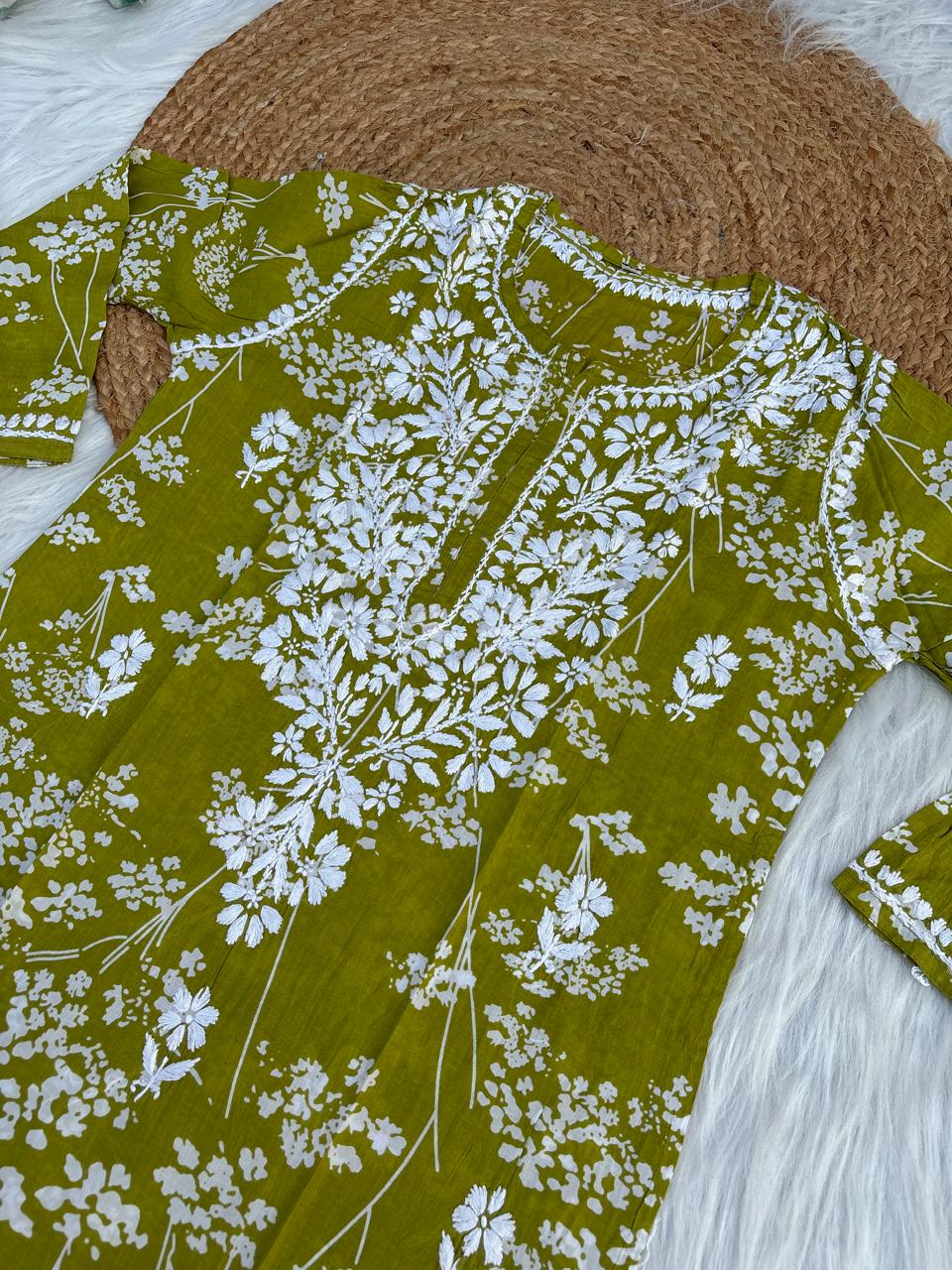 Sidra Pure Mulmul Chikankari Handwork Kurti - Green Colour