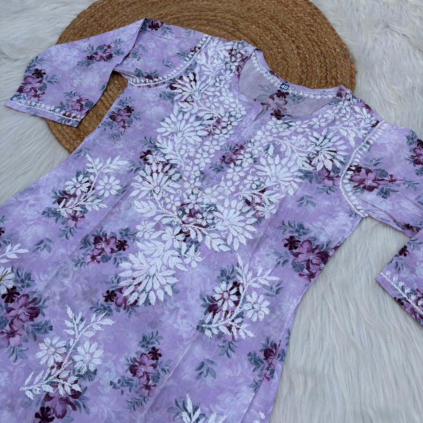 Fawziya Pure Mulmul Chikankari  Handwork Kurti -Purple Colour
