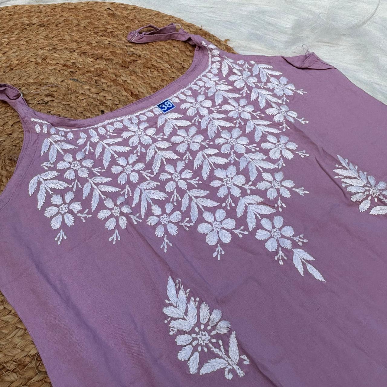 Safa Rayon Chikankari Noodle Strap Short Kurti -  Mauve colour (Length - 38")