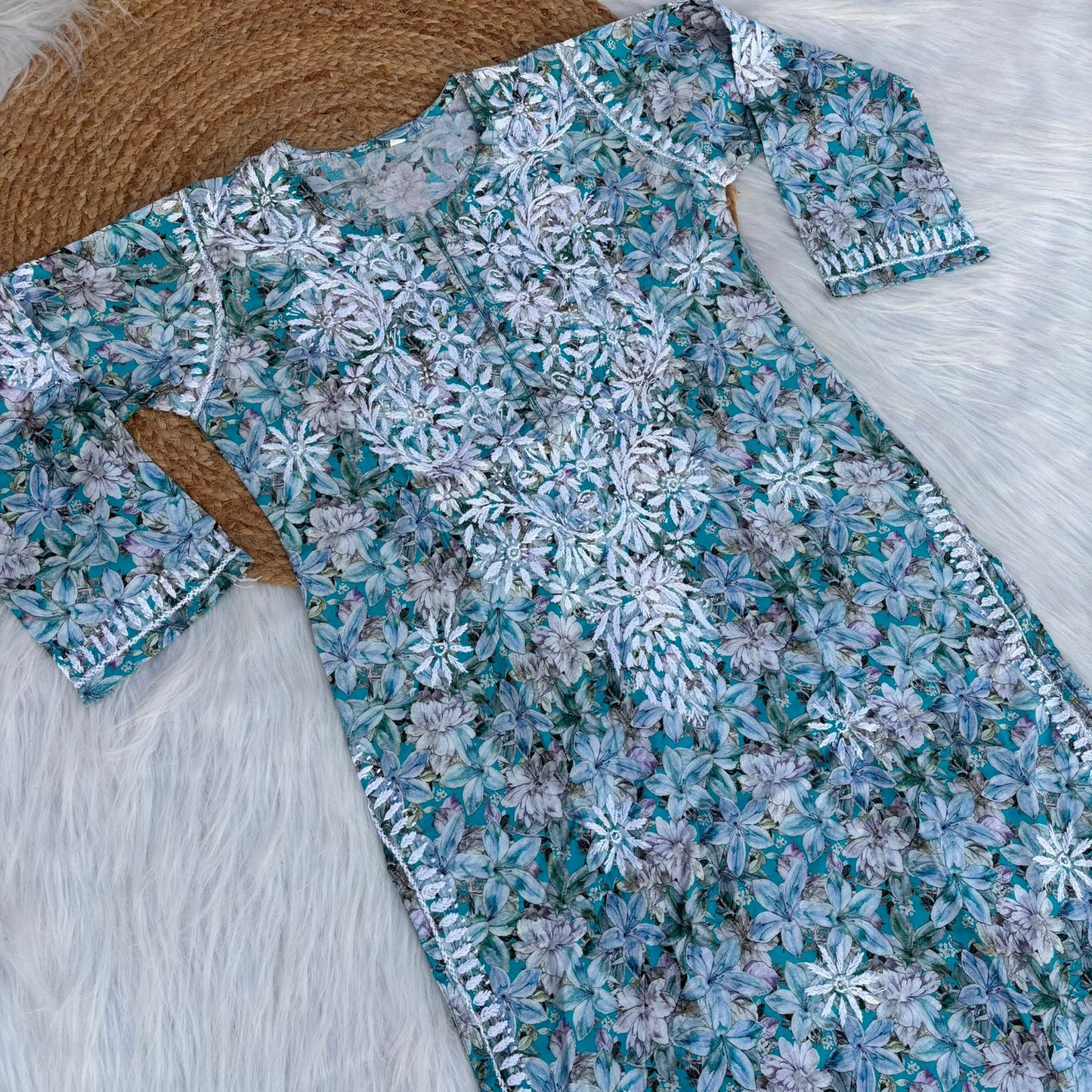 Fiza Pure Cotton Floral Lucknowi Chikankari Kurti -Blue Colour