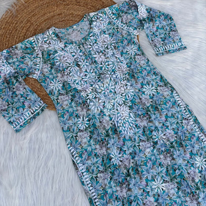 Fiza Pure Cotton Floral Lucknowi Chikankari Kurti -Blue Colour