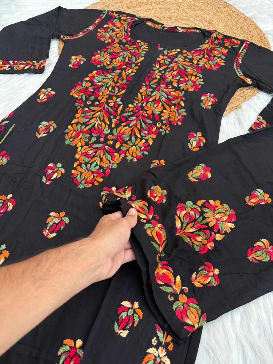 Rawa Soft Rayon Multi Handwork Chikankari Kurti Plazo Set - Multi Colour