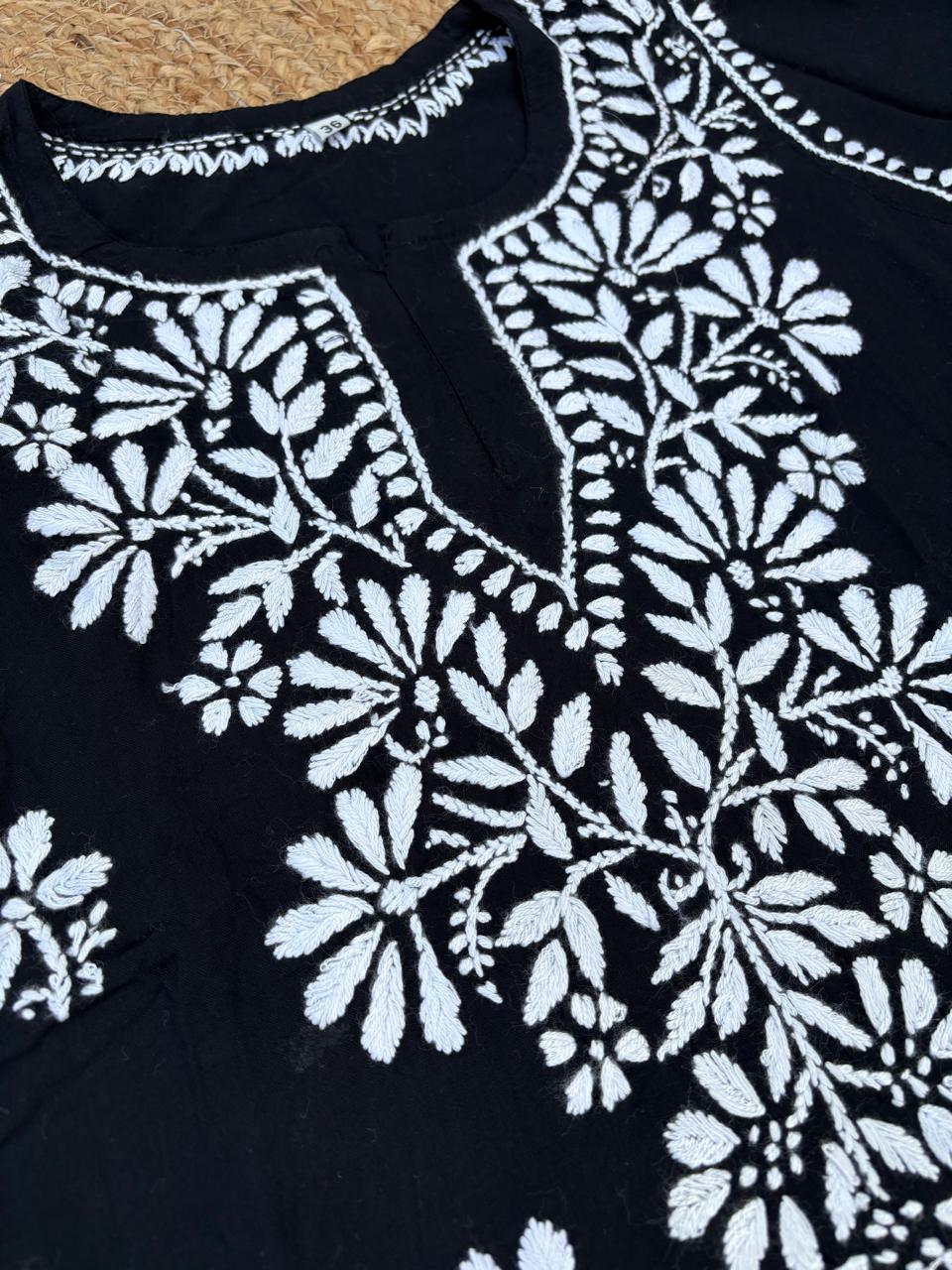 Ina Soft Rayon Handwork Chikankari Short Kurti - Black Colour