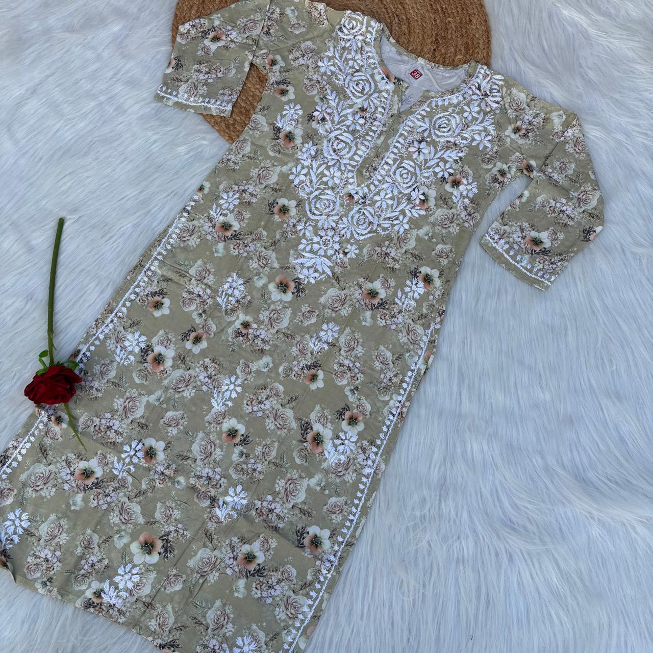 Hina Rayon Rose work Lucknowi Chikankari kurti - Pista Colour