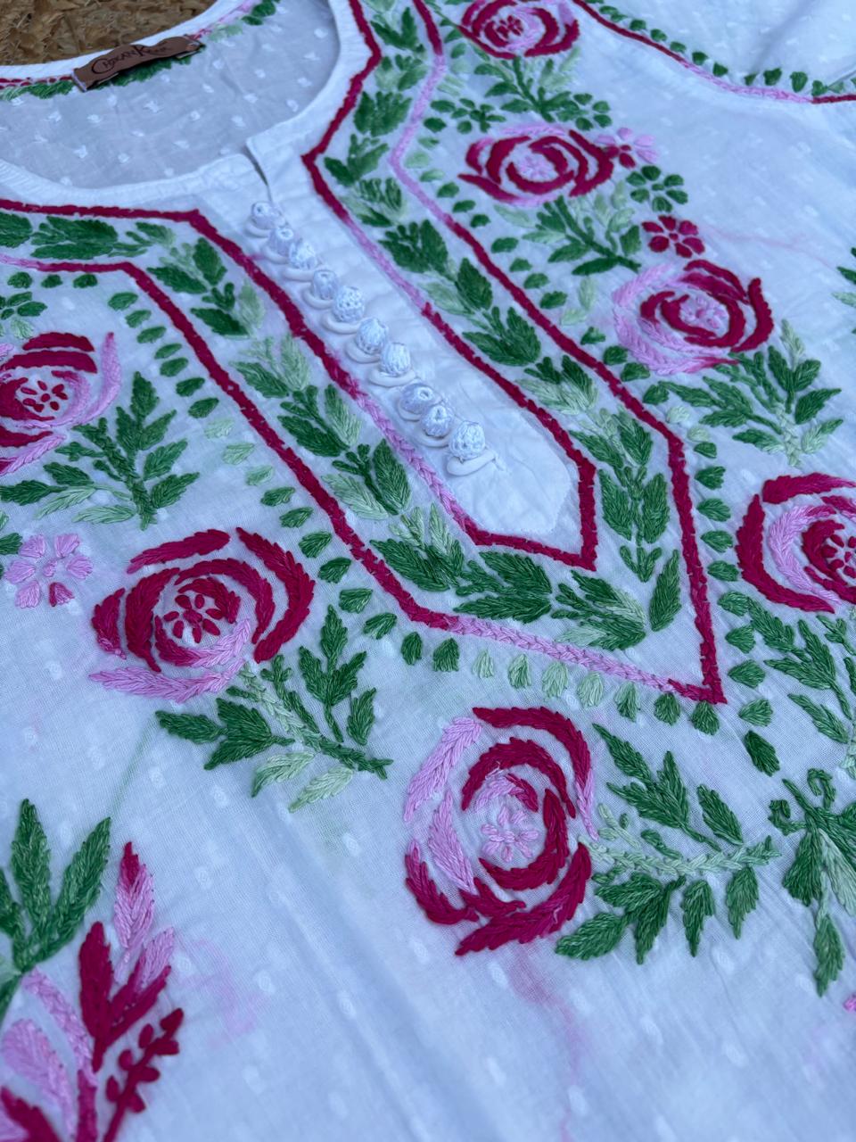 Seema Soft Dobby Cotton Lucknowi Chikankari Handwork Rose Work Kurti -Pink Colour