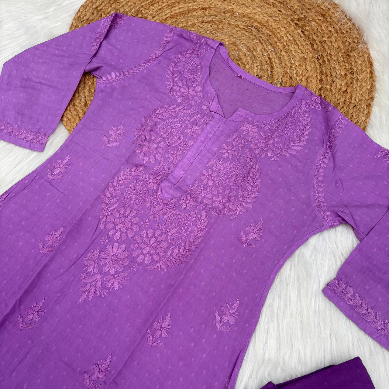 Nuha Dobby cotton Ombre shaded Lucknowi Chikankari Kurti Plazo Set - Purple Colour