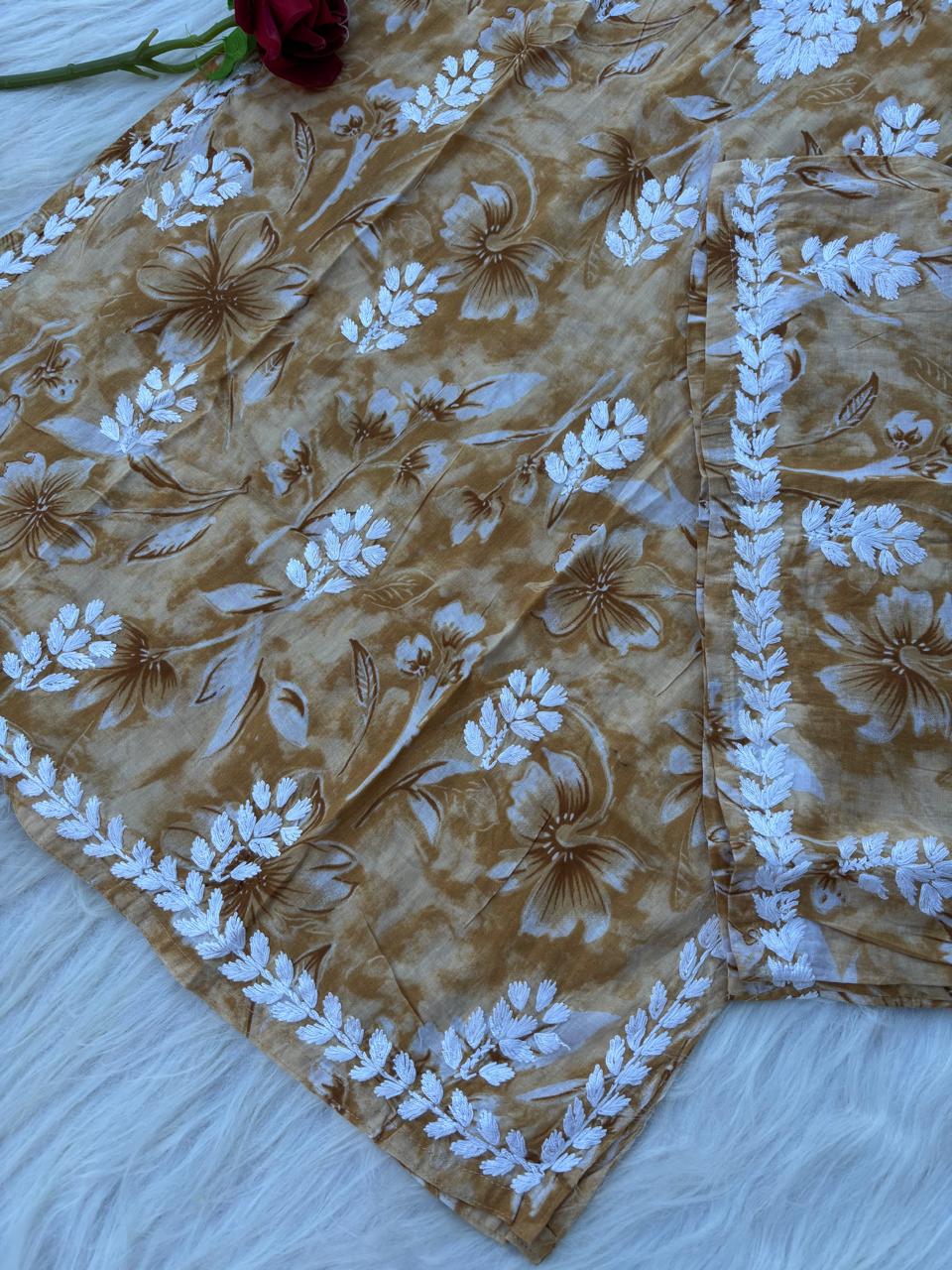 Shazia Mulmul Cotton Chikankari Kurti Set - Mustard Colour