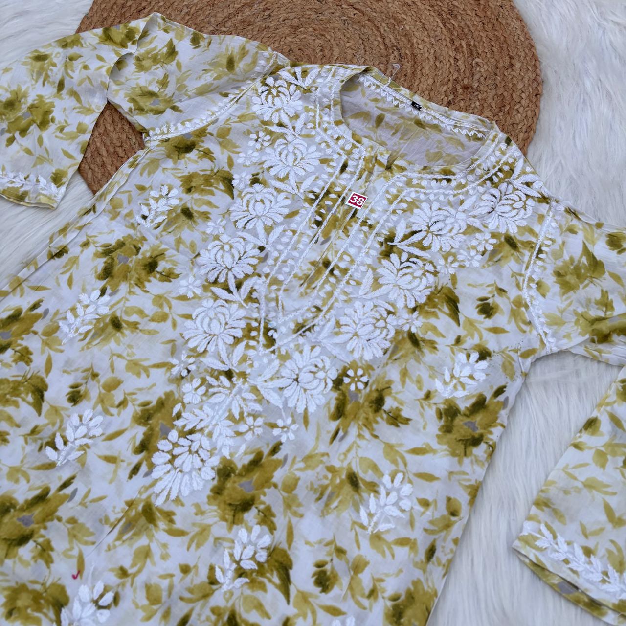 Aaliyah Mulmul Cotton Chikankari Kurti Set -Green Colour