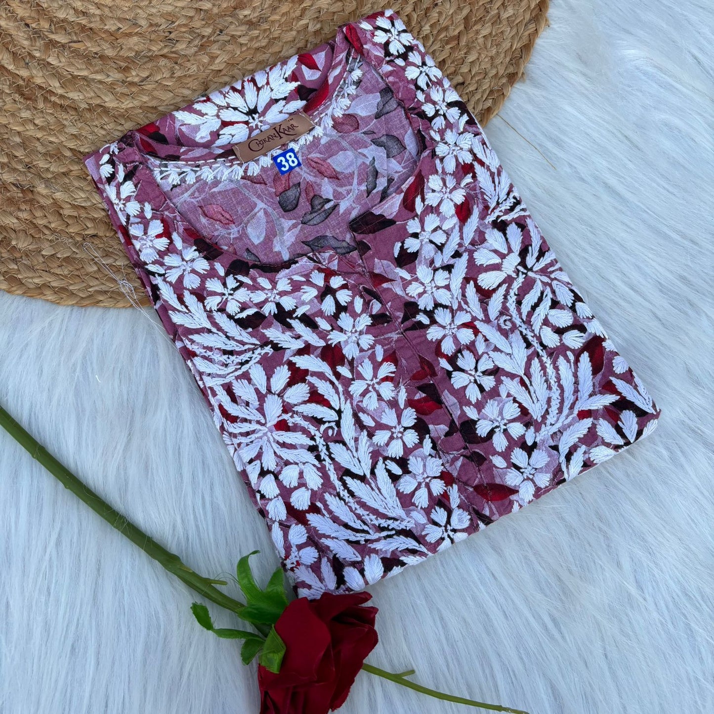 Emaya Pure Mulmul Chikankari  Handwork Kurti - Cherry Colour