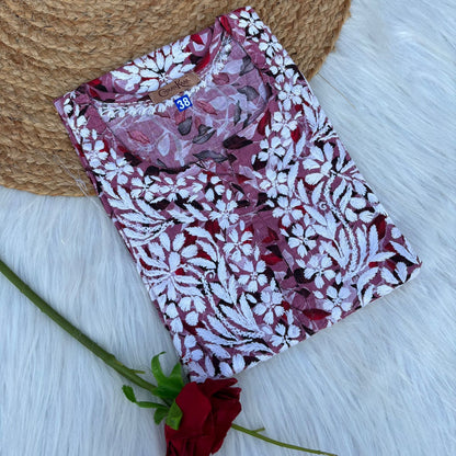 Emaya Pure Mulmul Chikankari  Handwork Kurti - Cherry Colour