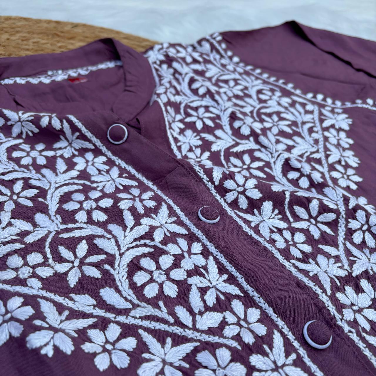 Rihana Rayon Chikankari Short Kurti Plazo Coord Set - Mauve colour