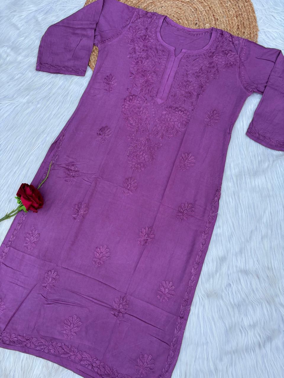 Rabab Dyeable Soft Rayon Handwork Chikankari Kurti - Wine Colour