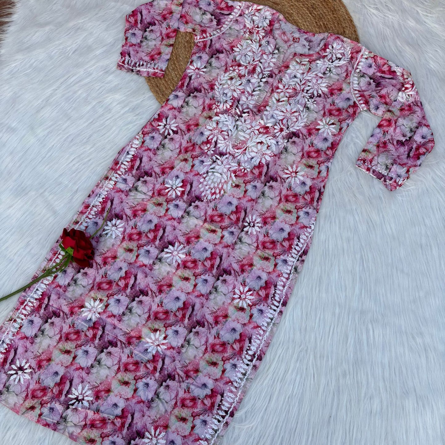 Fiza Pure Cotton Floral Lucknowi Chikankari Kurti - Pink Colour