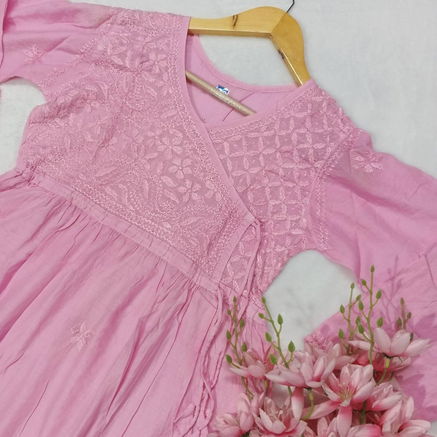 DOBBY COTTON CHIKANKARI 
SHORT ANGARAKHA GOWN - BABY PINK COLOUR - chikankaar