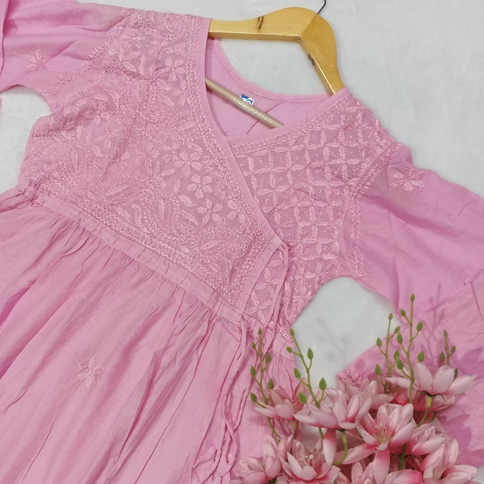 DOBBY COTTON CHIKANKARI 
SHORT ANGARAKHA GOWN - BABY PINK COLOUR - chikankaar