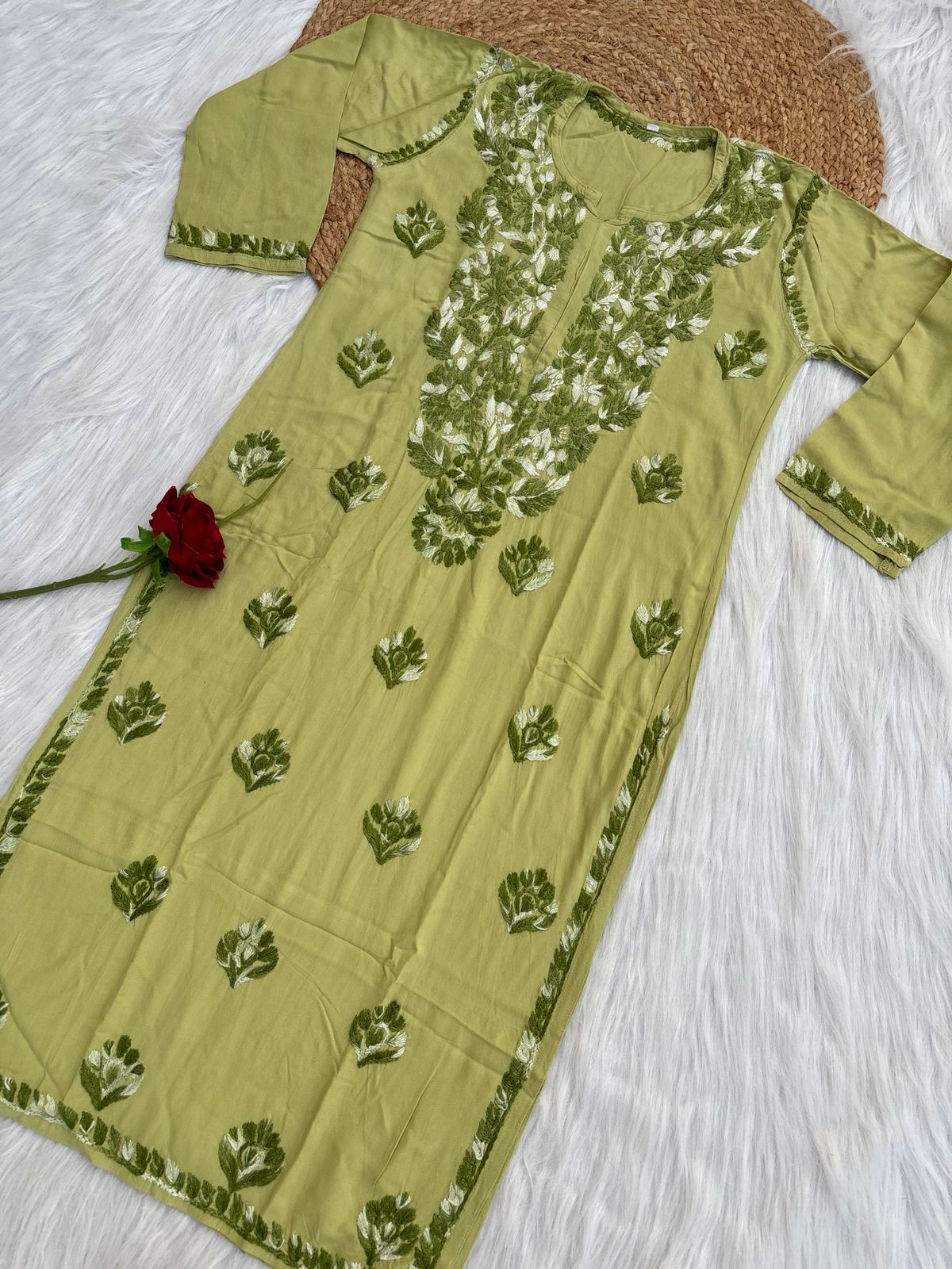 Roohi Rayon Tone To Tone Lucknowi Handwork Chikankari Kurti - Green Color