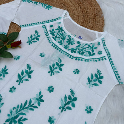 Alia Soft Rayon Chikankari Short Kurti - White Sea Green Color - Chikankaar
