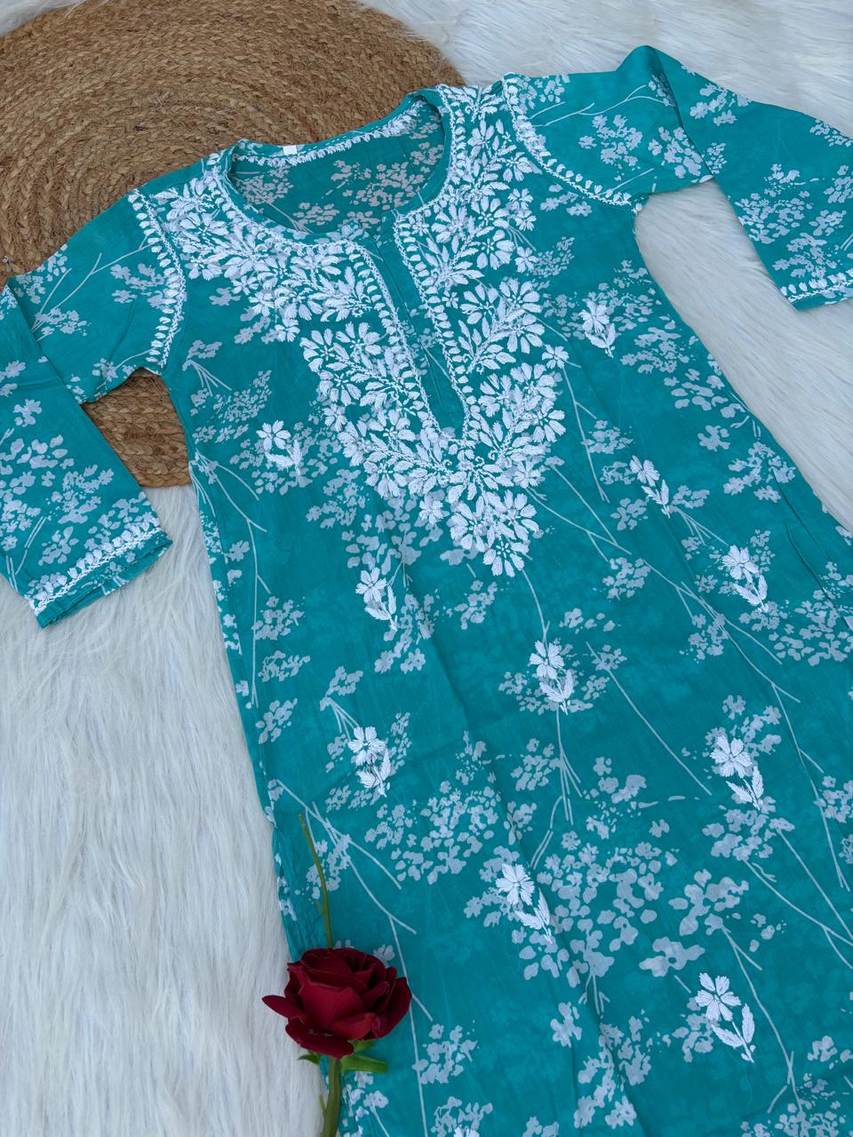 Sidra Pure Mulmul Chikankari Handwork Kurti - Sea Green Colour