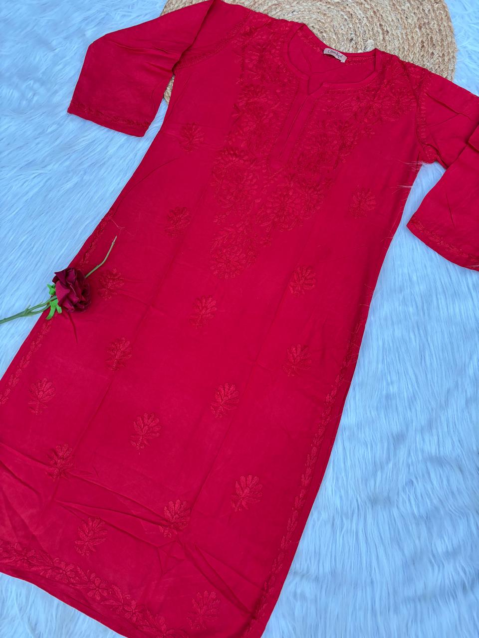 Rabab Dyeable Soft Rayon Handwork Chikankari Kurti -Red Colour