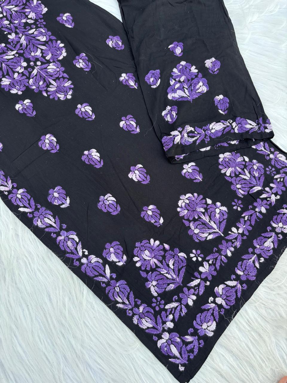 Rida Rayon Handwork Chikankari Kurti Set - Purple Colour