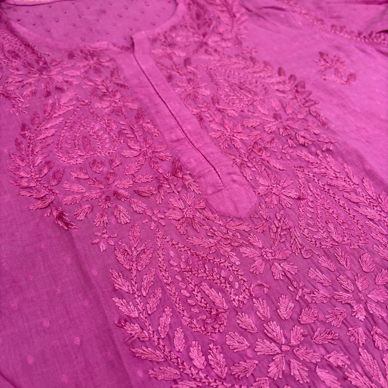 Nuha Dobby cotton Ombre shaded Lucknowi Chikankari Kurti Plazo Set - Pink Colour