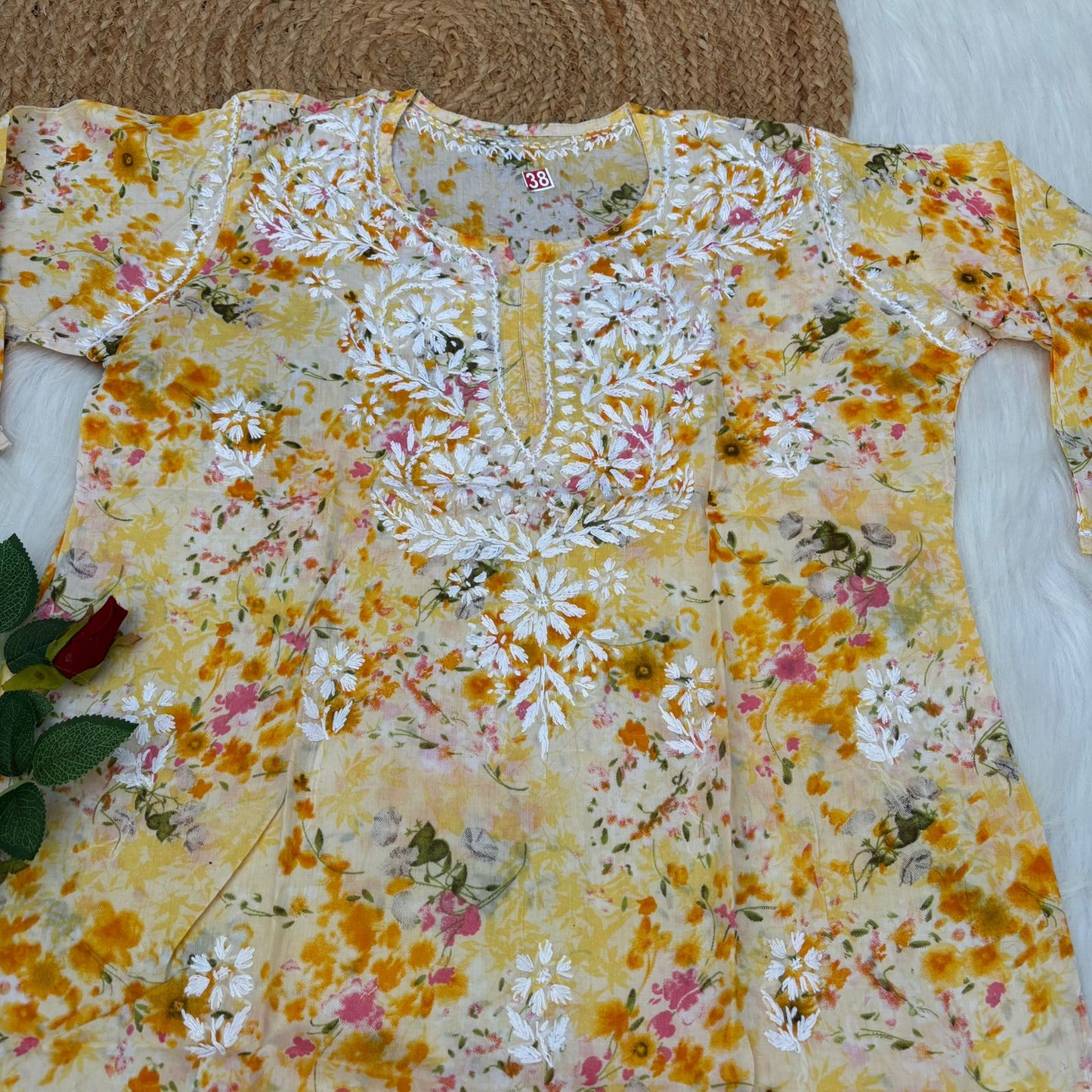 Nura Pure Mulmul Cotton Short Kurti - Yellow Colour