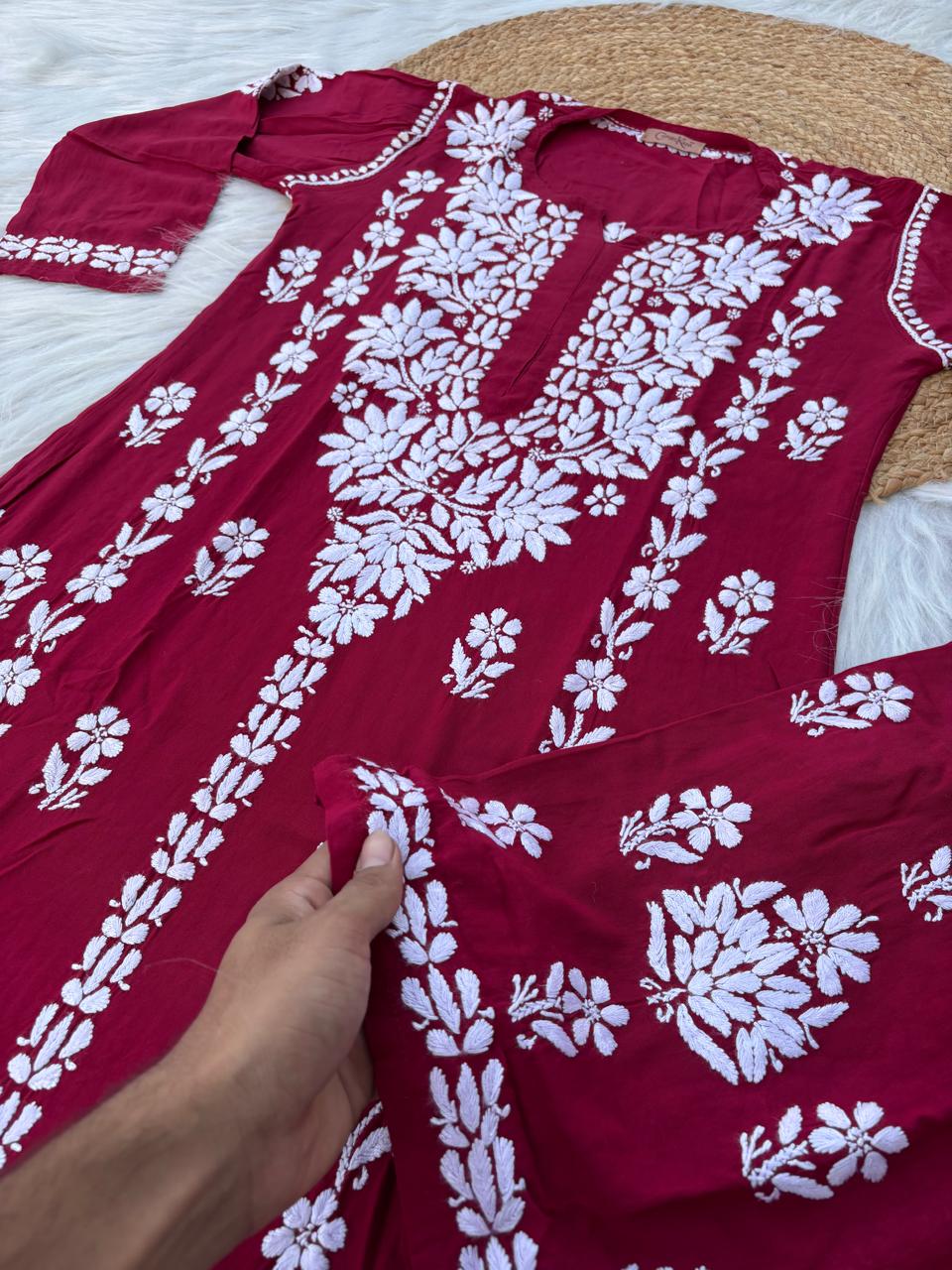 Samara Rayon Handwork Chikankari Kurti Plazo Set - Maroon Colour