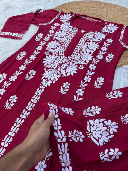 Samara Rayon Handwork Chikankari Kurti Plazo Set - Maroon Colour