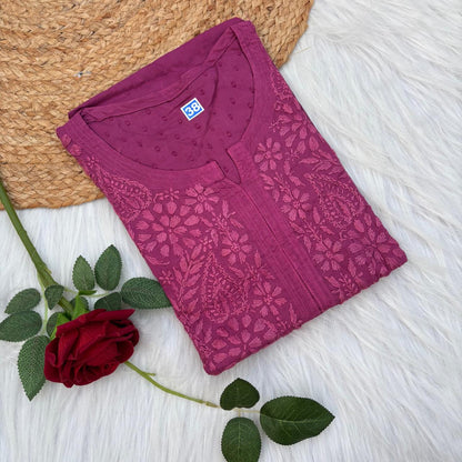 Vani Dobby Cotton Chikankari Kurti - Light Wine Colour
