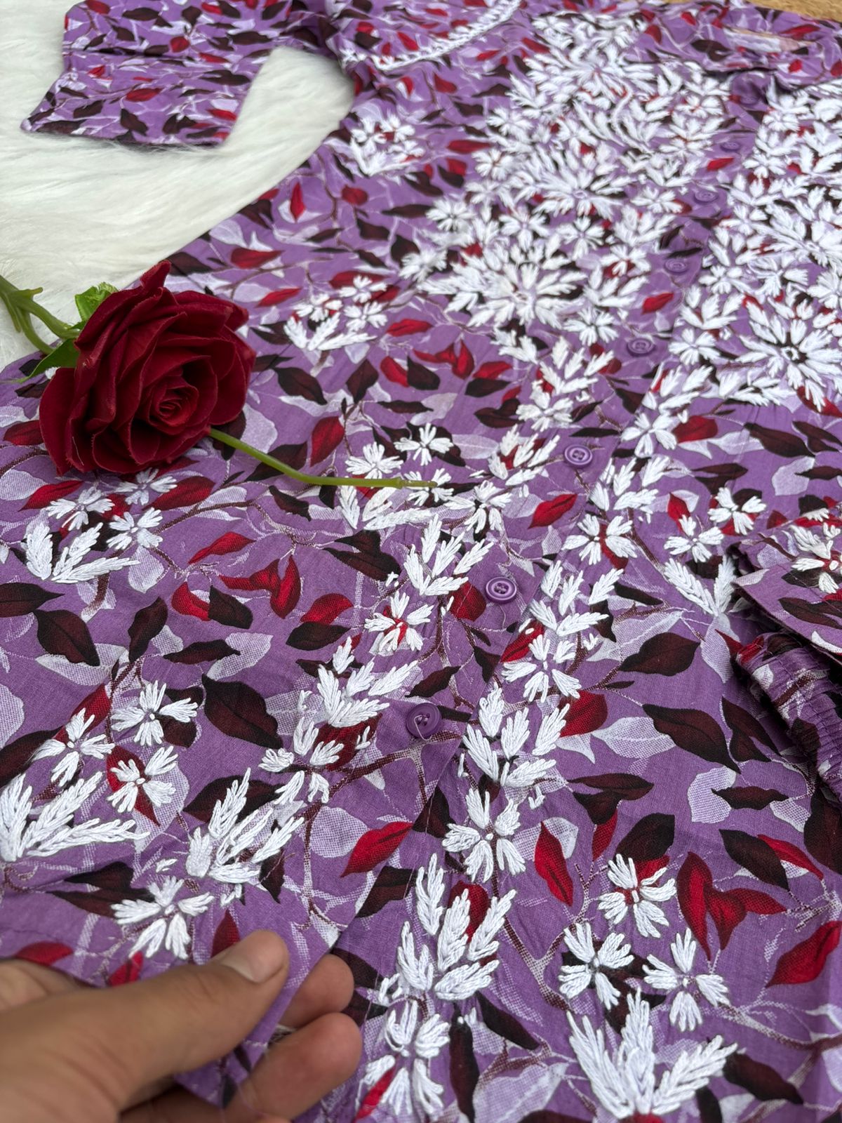 Mulmul Cotton Lucknowi Chikankari Coord Set - Lavender Colour
