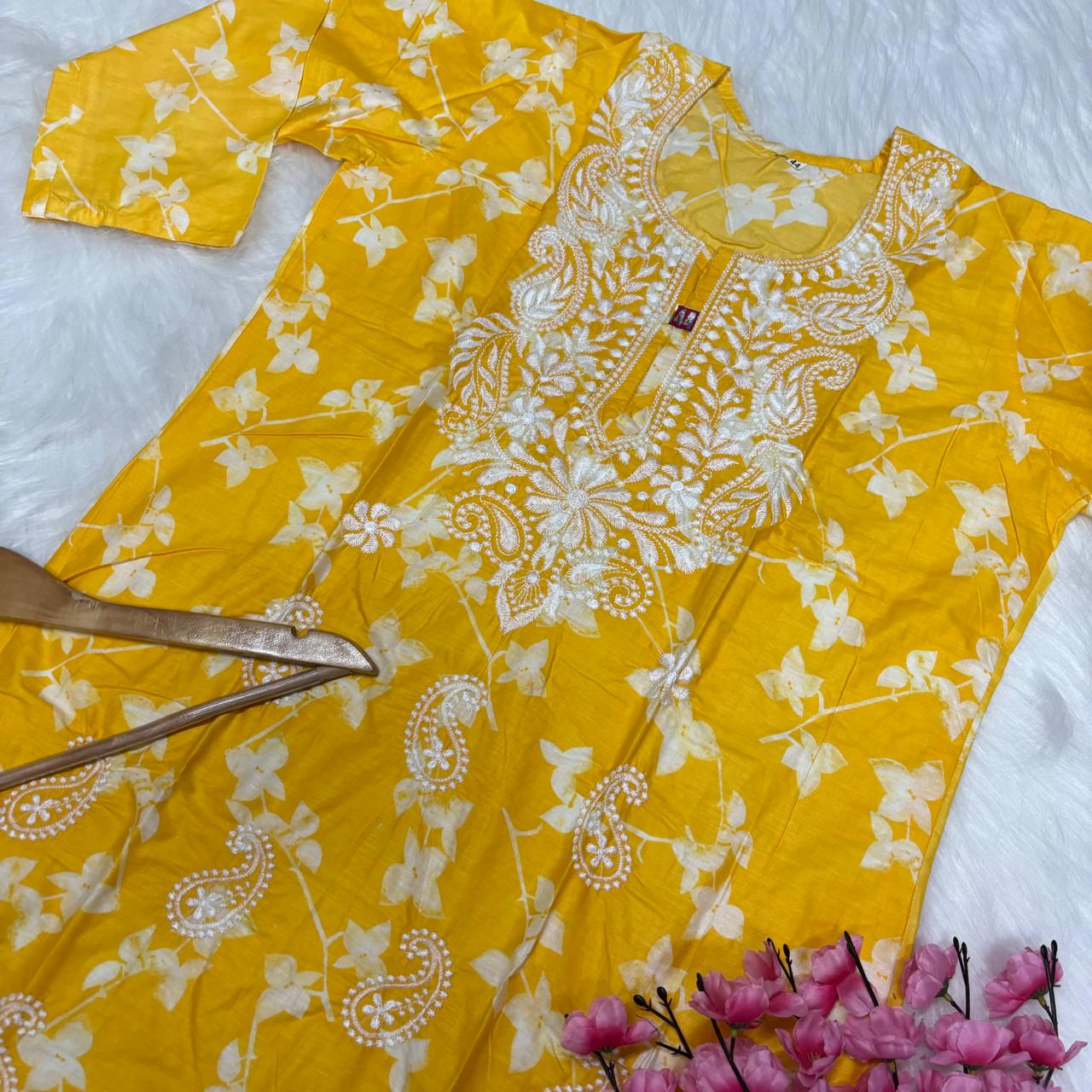 Mulmul Cotton Chikankari Machine Work Kurti - Yellow Colour