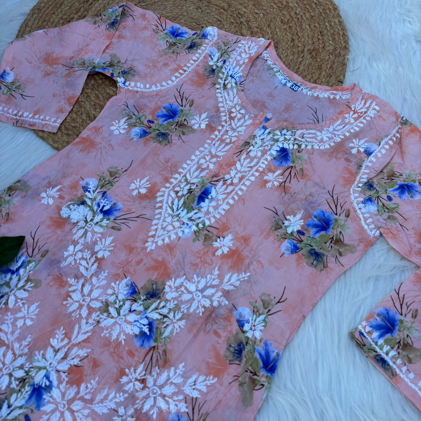 Rasha Pure Mulmul Chikankari Kurti - Peach Color
