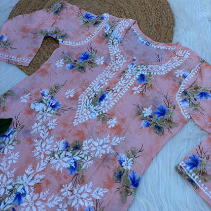 Rasha Pure Mulmul Chikankari Kurti - Peach Color